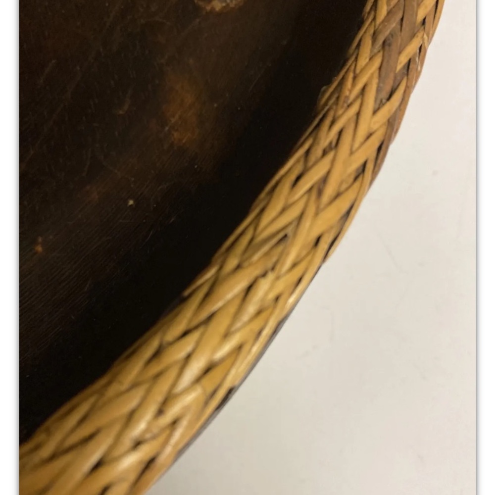 Vintage Hand Carved Lombok Indonesian 15”D Solid Wood Bowl Rattan Basket Rim - Picture 10 of 13